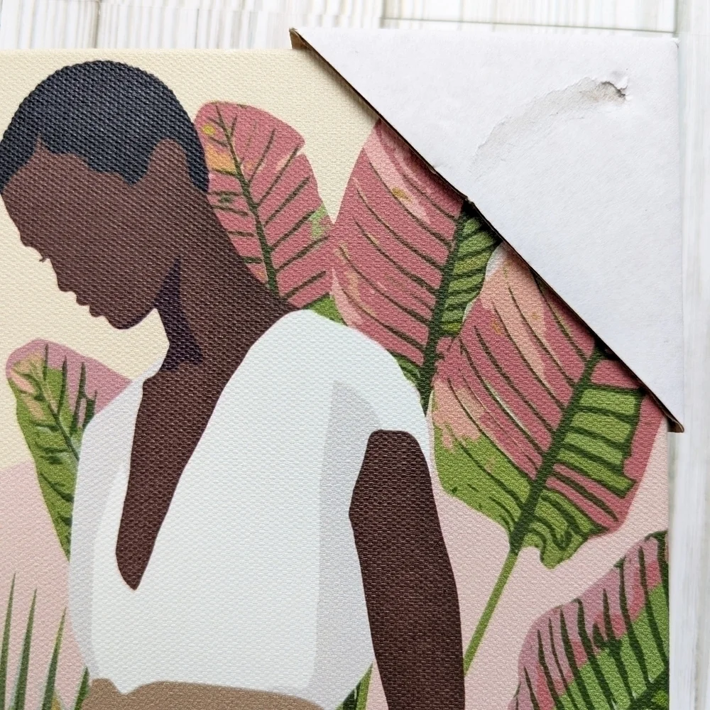 Modern Woman in a White Dress & Palm Leaves Canvas Wall Decor 10 x 8 NWT